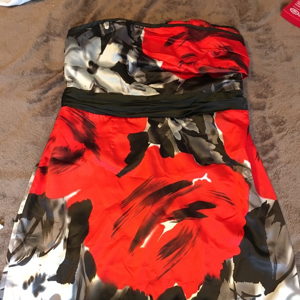 Black, red and white floral strapless dress